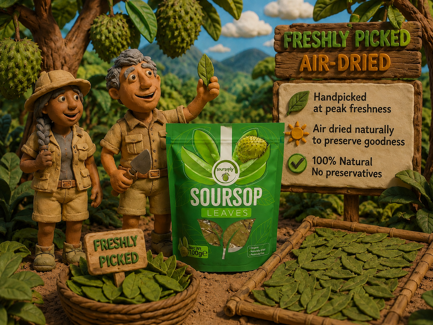 man and woman picking soursop leaves