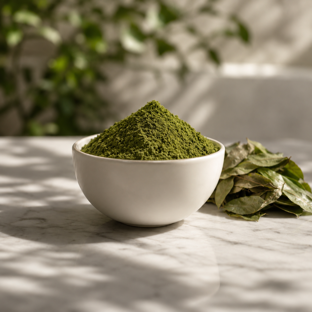 Soursop leaves powder in a white bowl beside dried soursop leaves — Soursoply UK