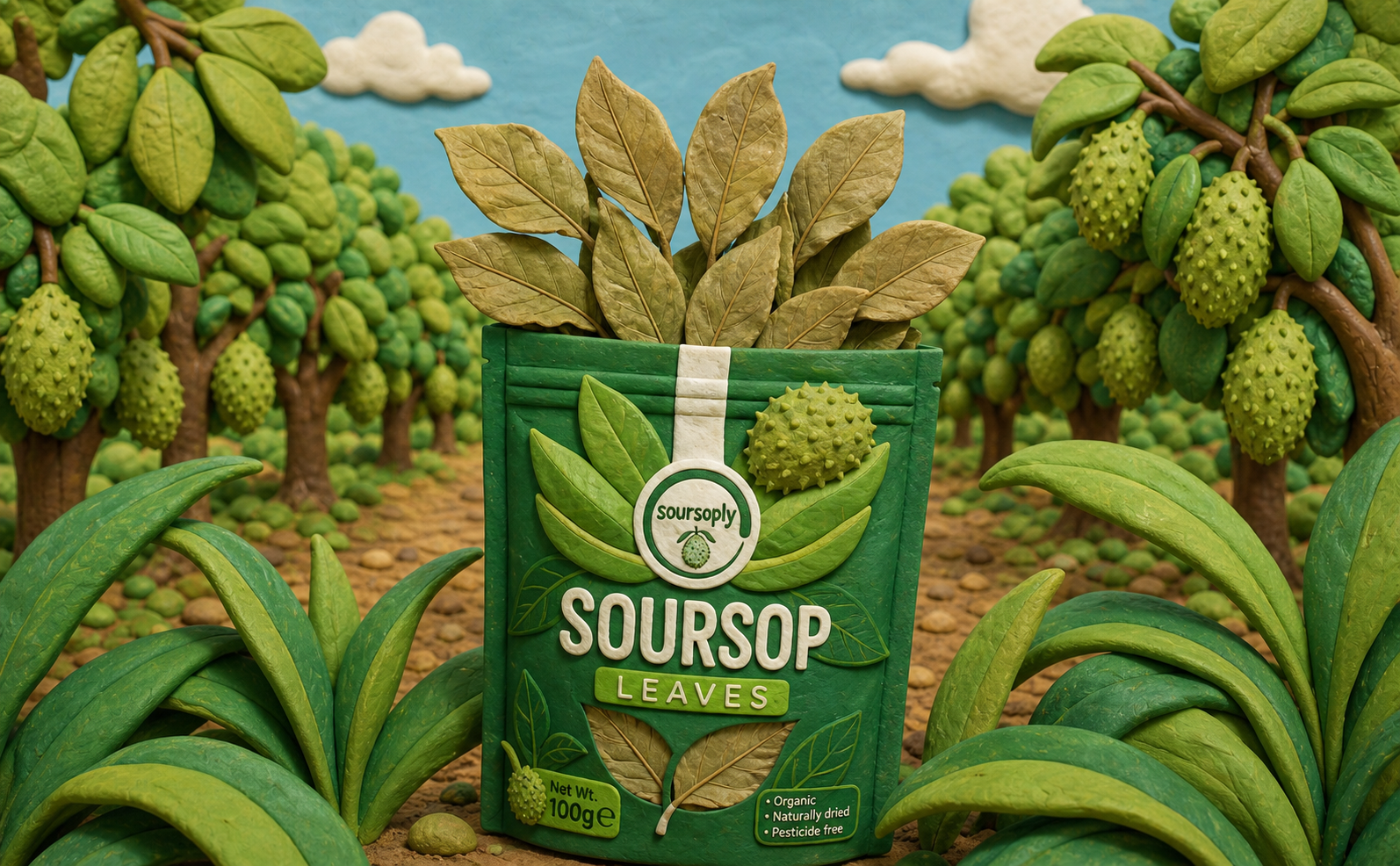 Illustrated rendering of a Soursoply resealable pouch of soursop leaves